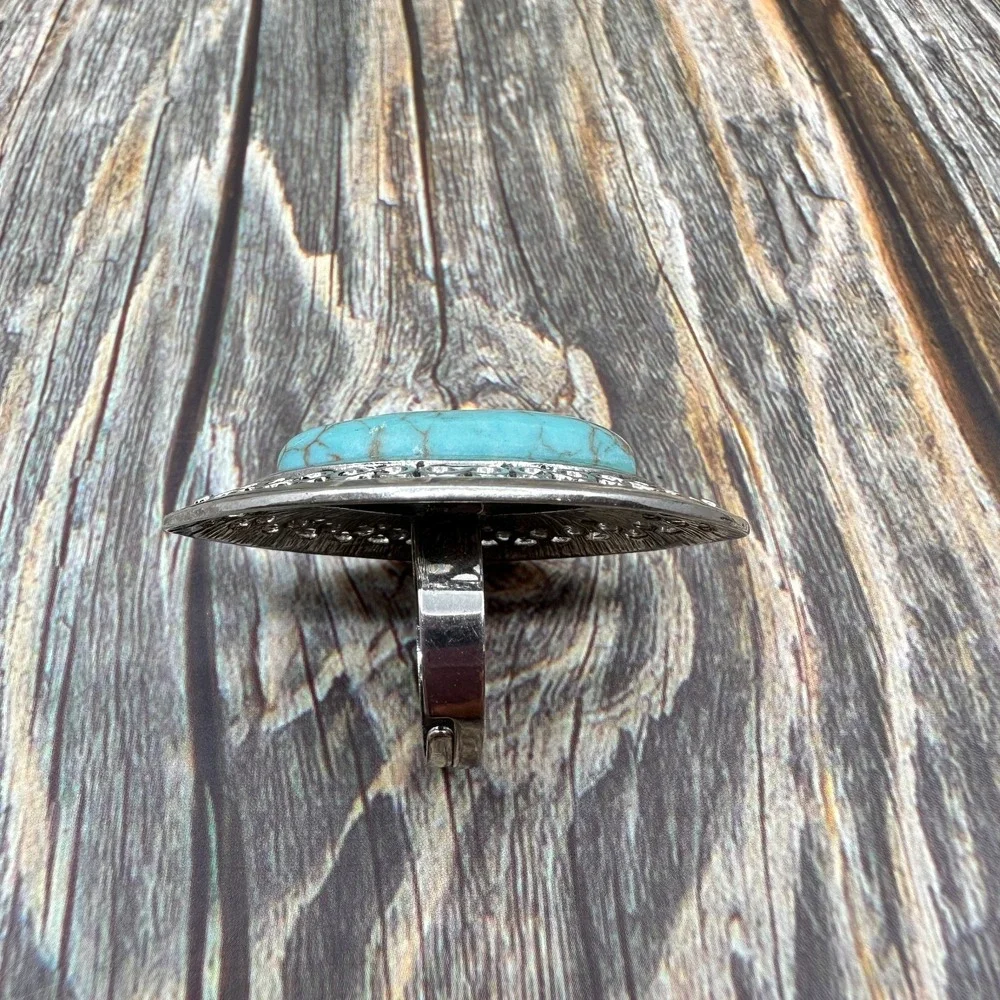 Boho Turquoise Oval Statement Ring Silver Tone Filigree Adjustable Vintage Gift